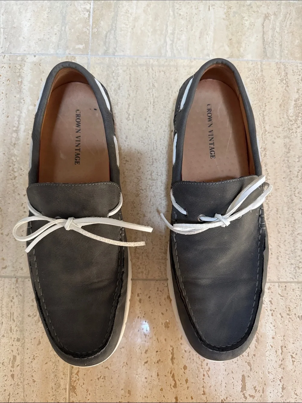 Crown Vintage Men's Navy Boat Shoes with White Laces